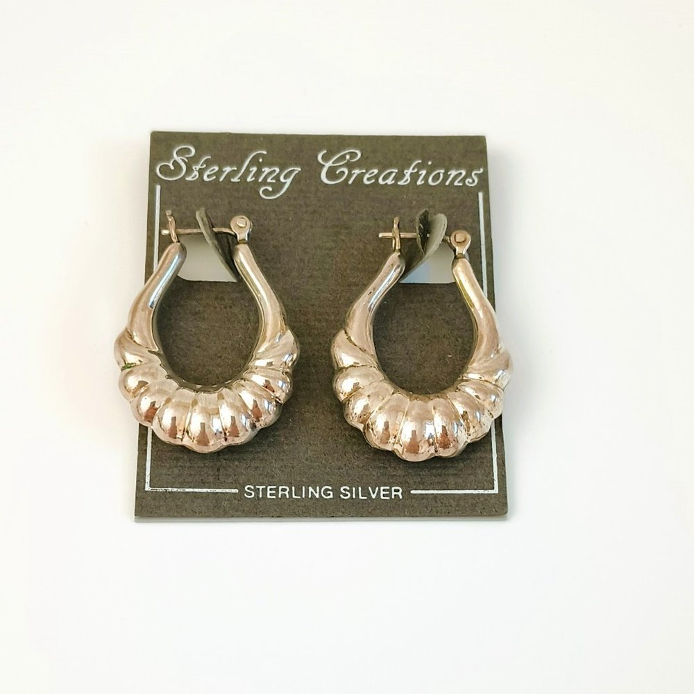 Sterling Silver Ribbed Hoop Earrings 925 Pierced Dangles By Sterling Creations